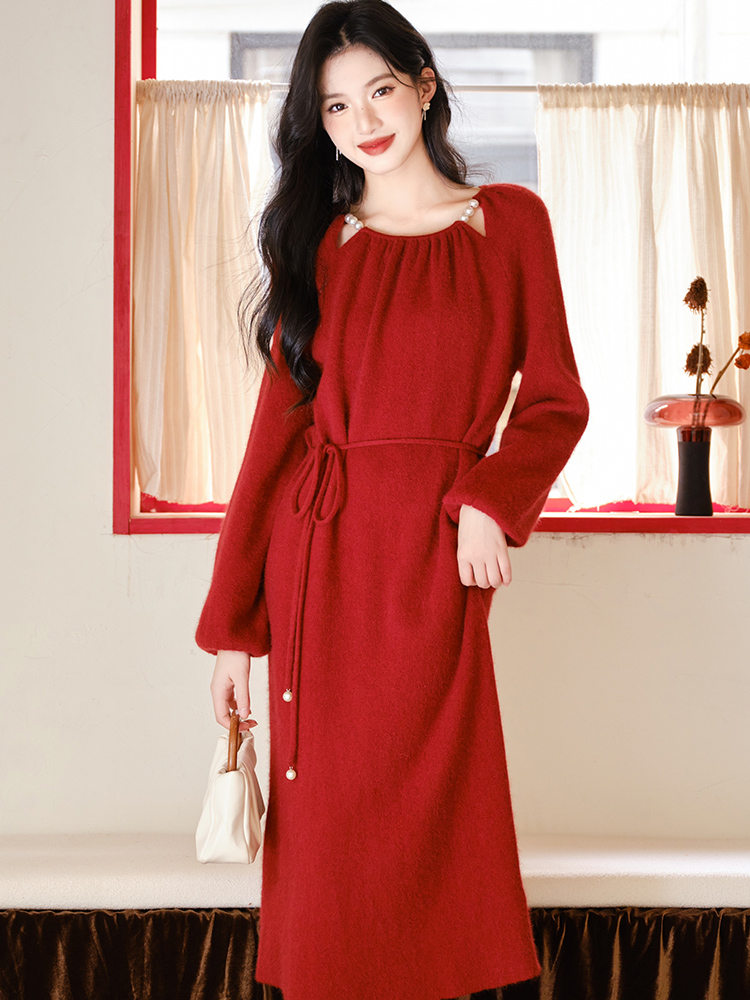 Red hollow dress winter pearl sweater dress for women