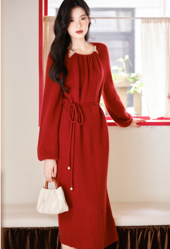 Red hollow dress winter pearl sweater dress for women
