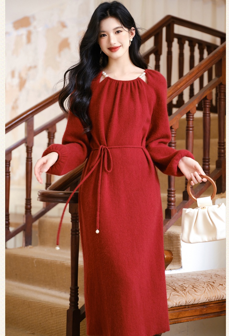 Red hollow dress winter pearl sweater dress for women