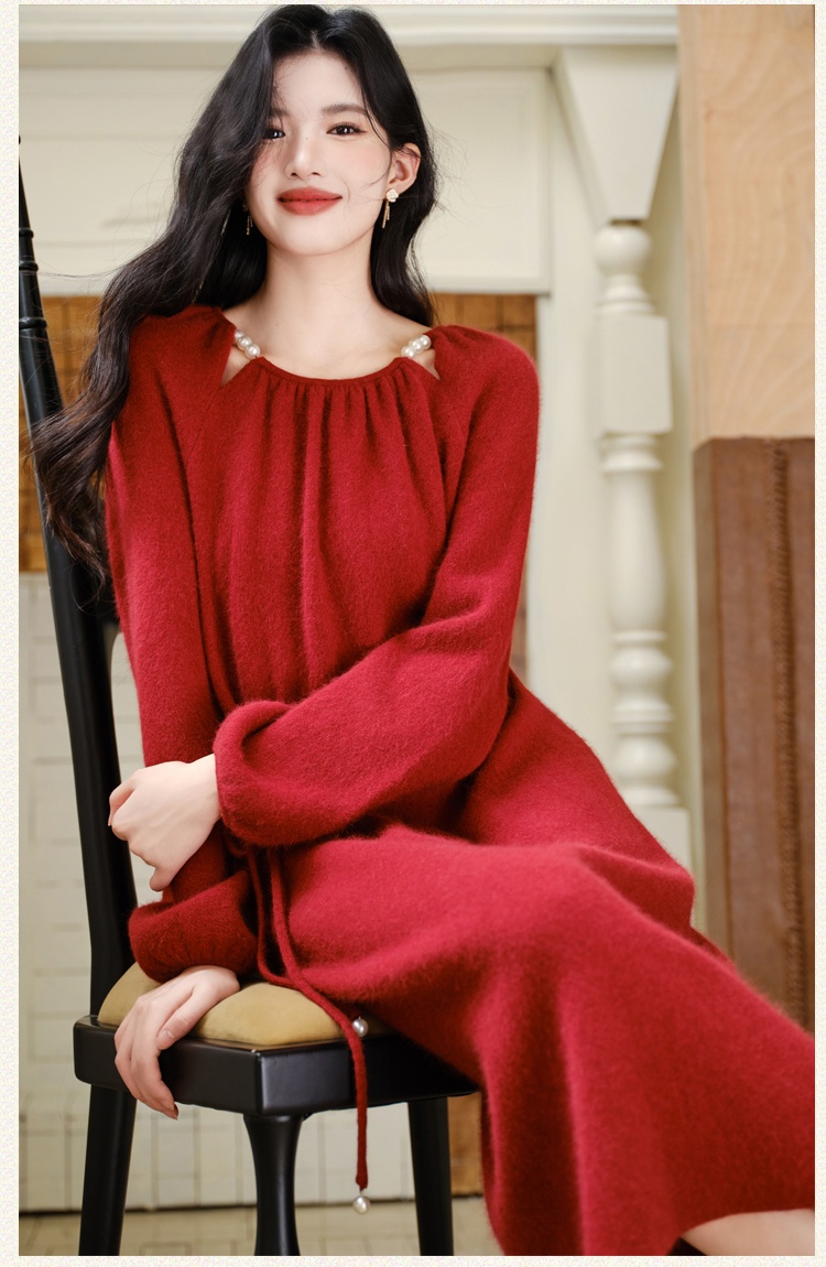 Red hollow dress winter pearl sweater dress for women
