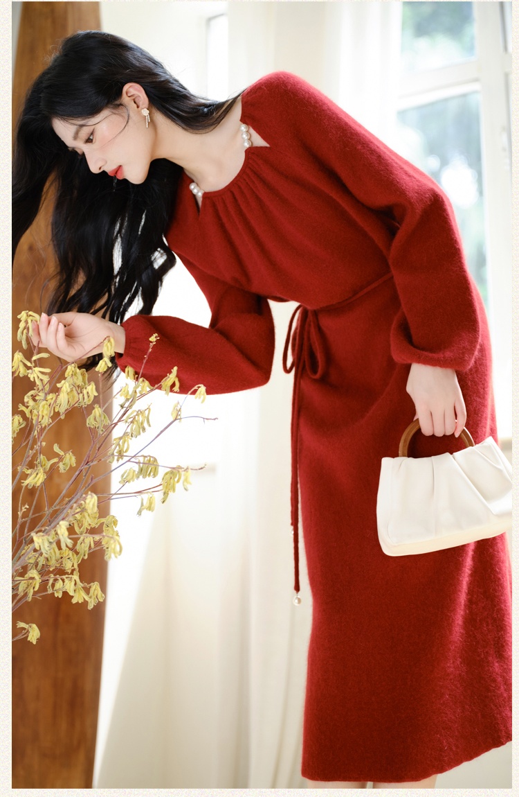 Red hollow dress winter pearl sweater dress for women