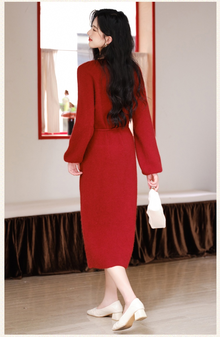Red hollow dress winter pearl sweater dress for women