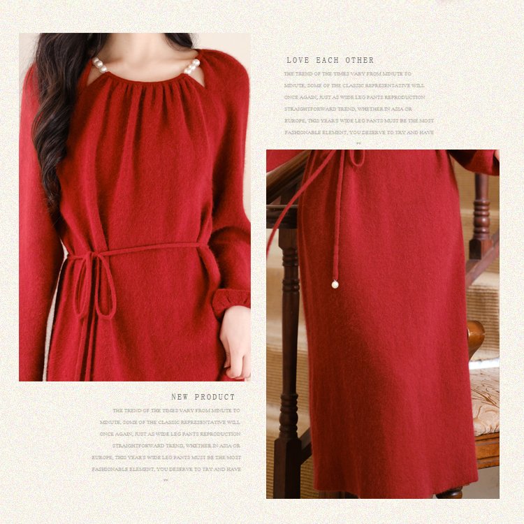 Red hollow dress winter pearl sweater dress for women