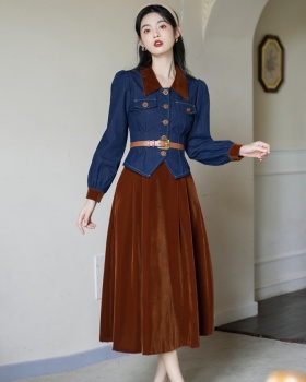 With belt retro all-match tops France style denim skirt
