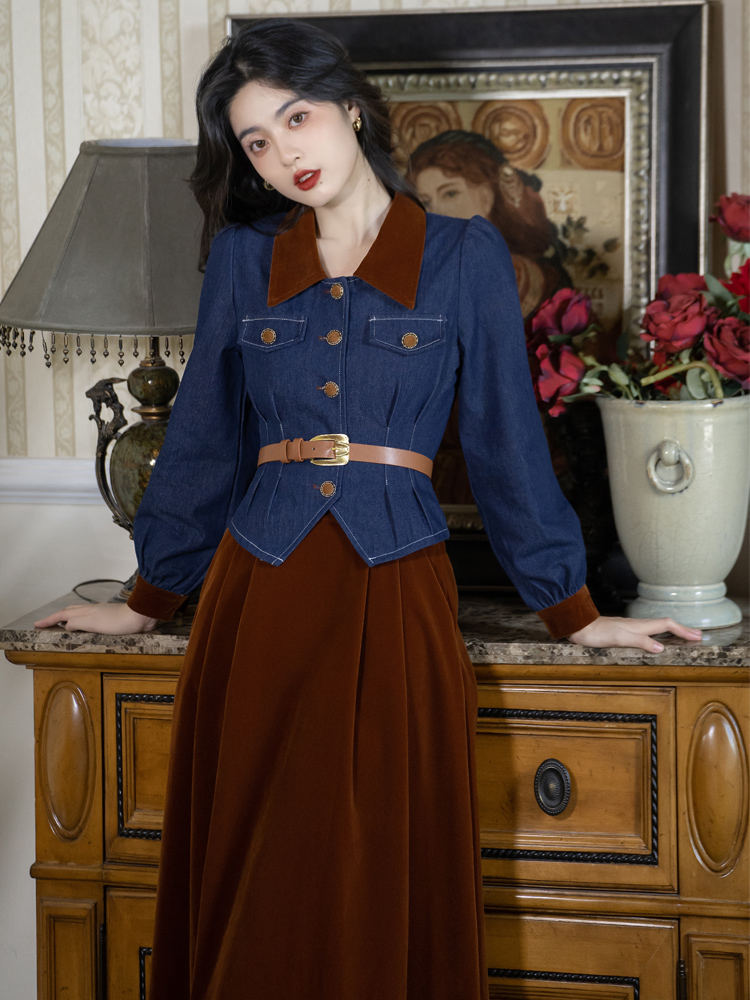 With belt retro all-match tops France style denim skirt
