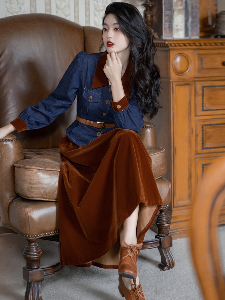 With belt retro all-match tops France style denim skirt
