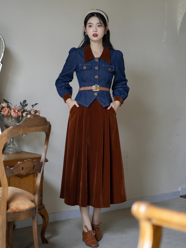 With belt retro all-match tops France style denim skirt