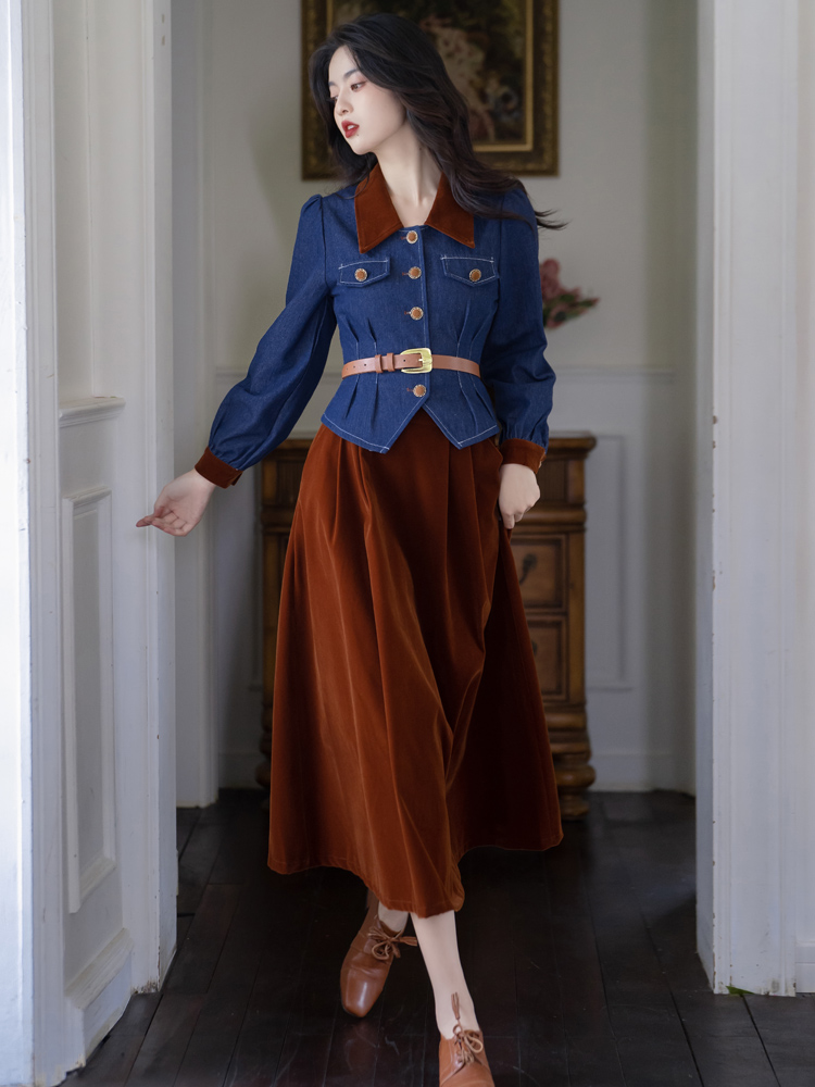 With belt retro all-match tops France style denim skirt