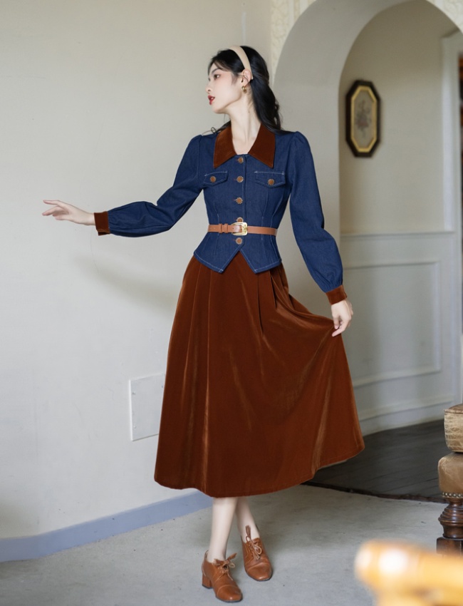 With belt retro all-match tops France style denim skirt