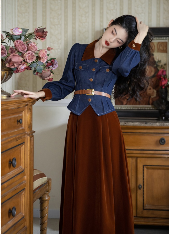 With belt retro all-match tops France style denim skirt