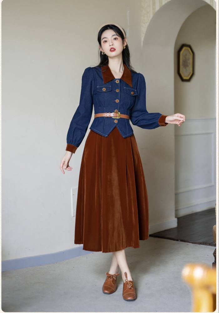 With belt retro all-match tops France style denim skirt