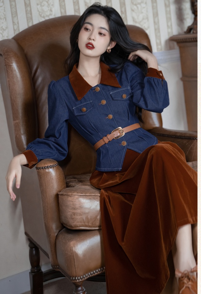 With belt retro all-match tops France style denim skirt