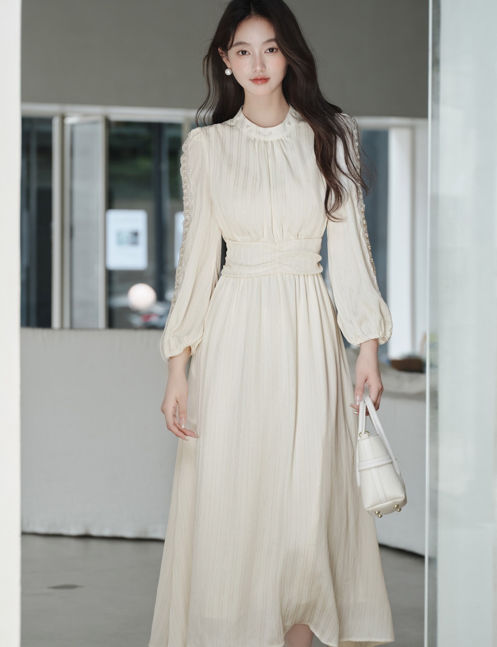 Tender pinched waist autumn long dress lace temperament dress