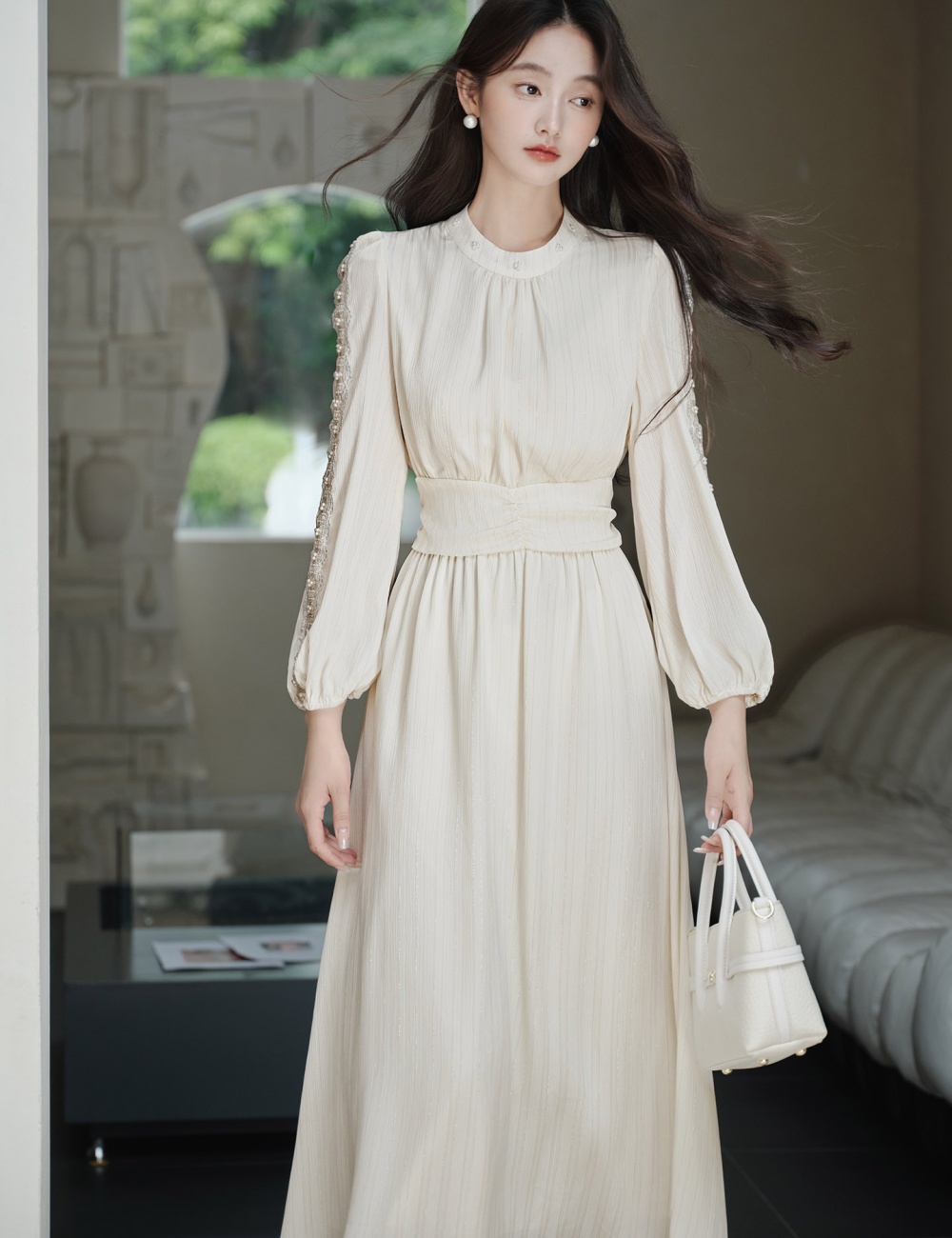 Tender pinched waist autumn long dress lace temperament dress