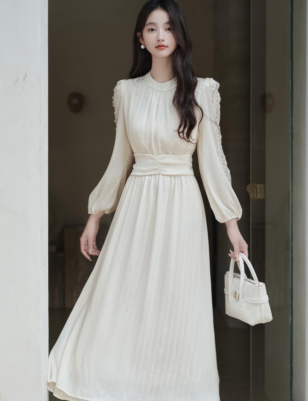 Tender pinched waist autumn long dress lace temperament dress