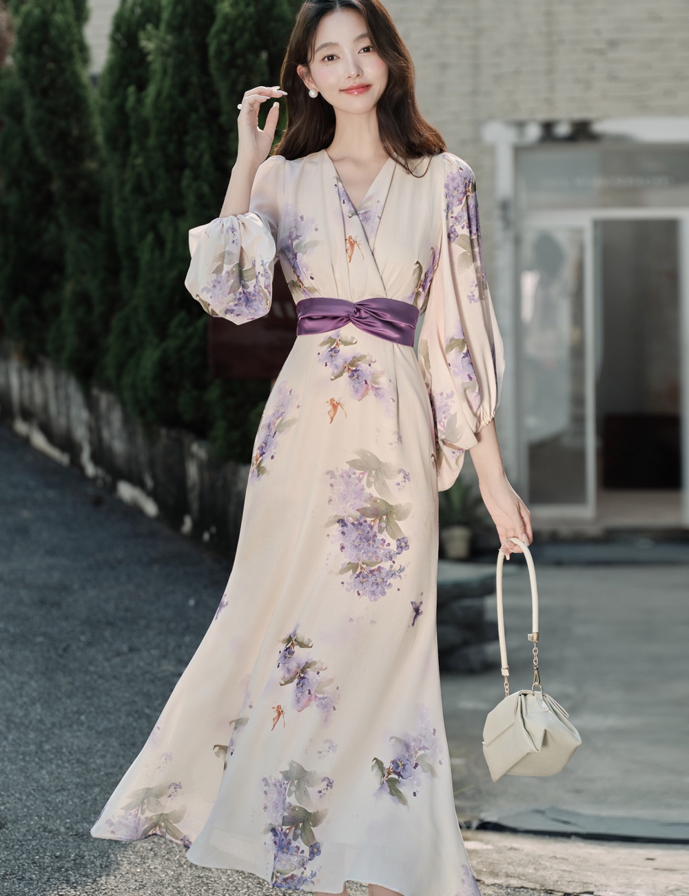Maiden floral long sleeve slim dress
