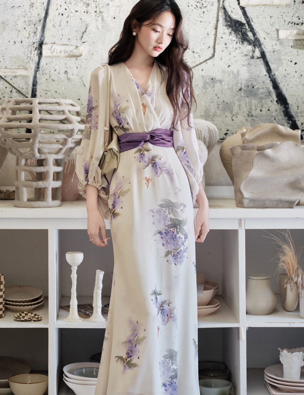 Maiden floral long sleeve slim dress