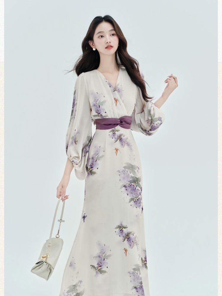 Maiden floral long sleeve slim dress