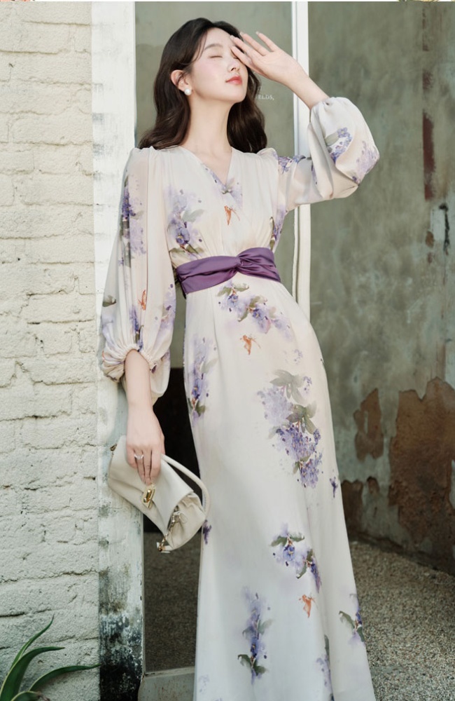 Maiden floral long sleeve slim dress