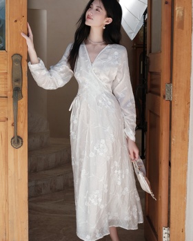 Embroidery V-neck beige Chinese style dress for women