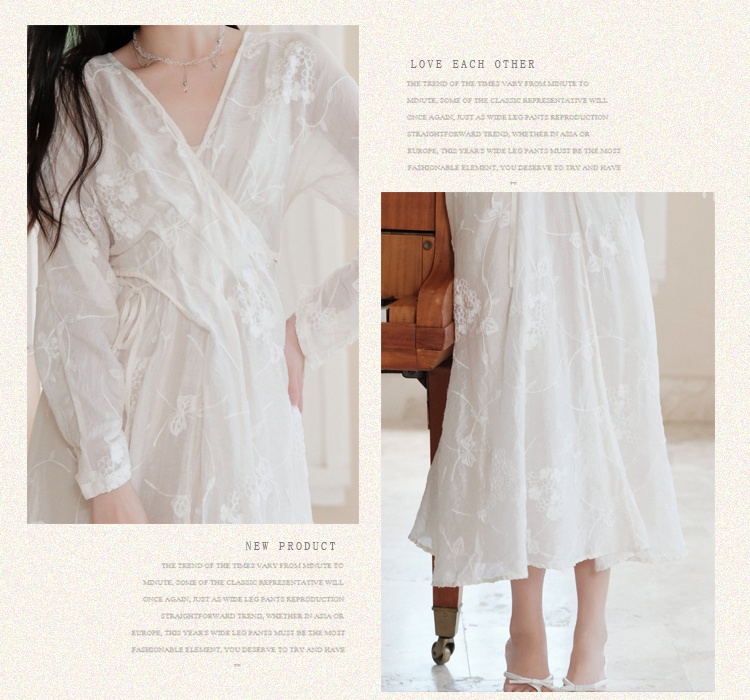 Embroidery V-neck beige Chinese style dress for women