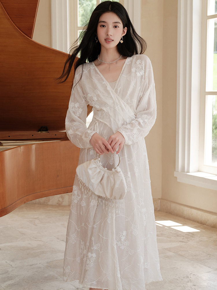 Embroidery V-neck beige Chinese style dress for women