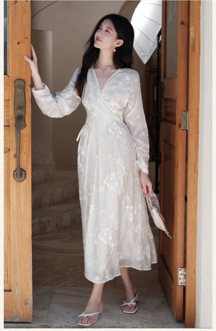 Embroidery V-neck beige Chinese style dress for women