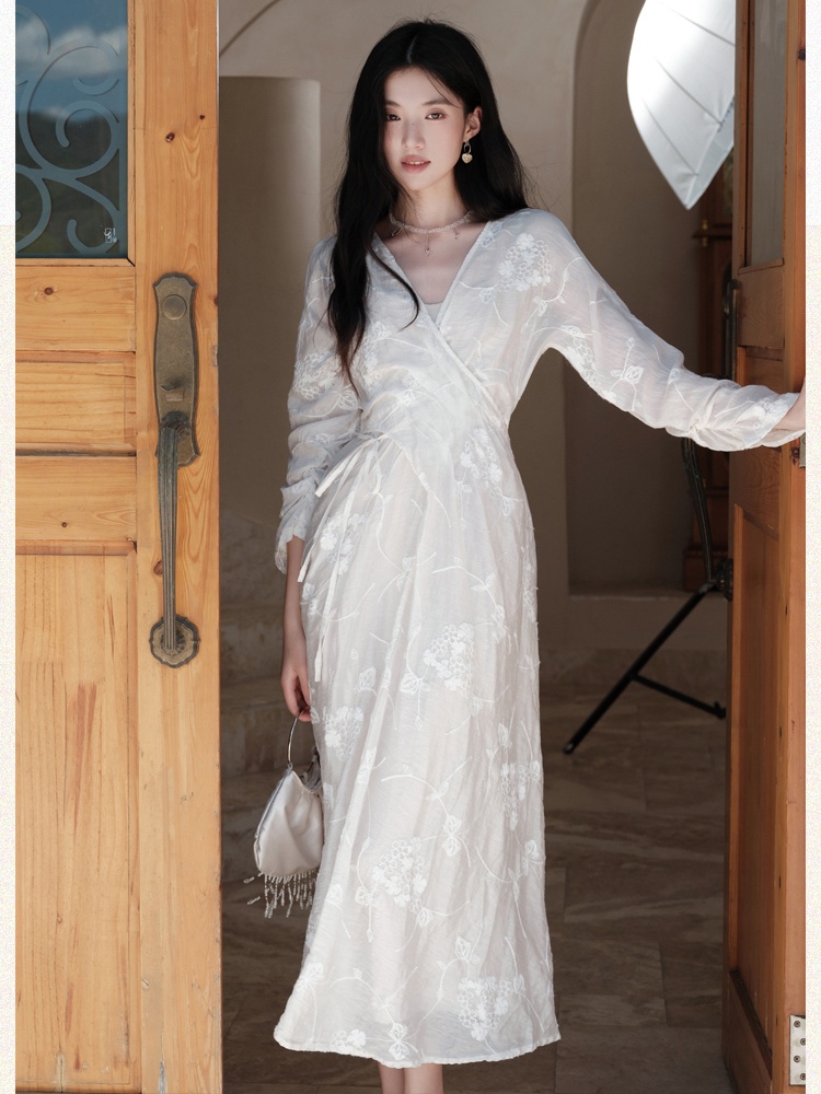 Embroidery V-neck beige Chinese style dress for women