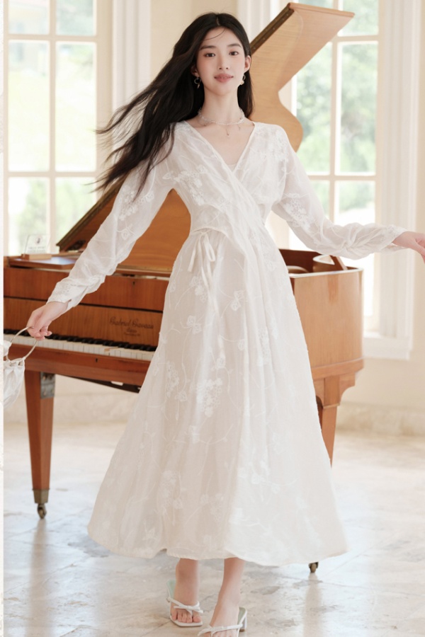 Embroidery V-neck beige Chinese style dress for women