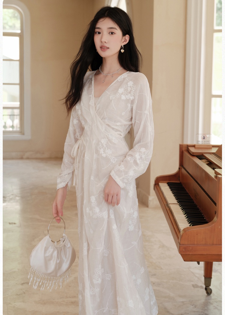 Embroidery V-neck beige Chinese style dress for women