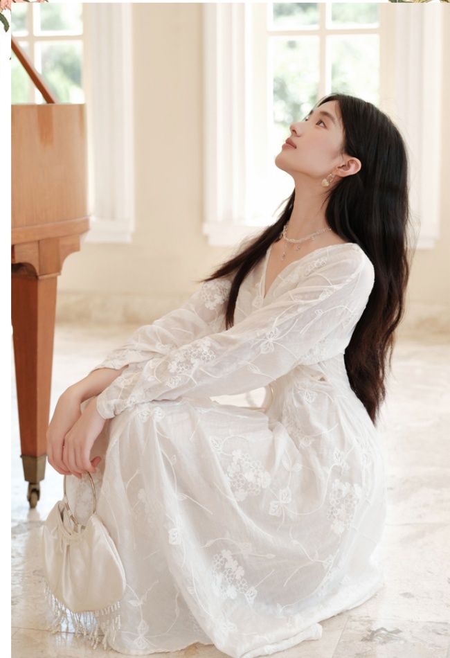 Embroidery V-neck beige Chinese style dress for women