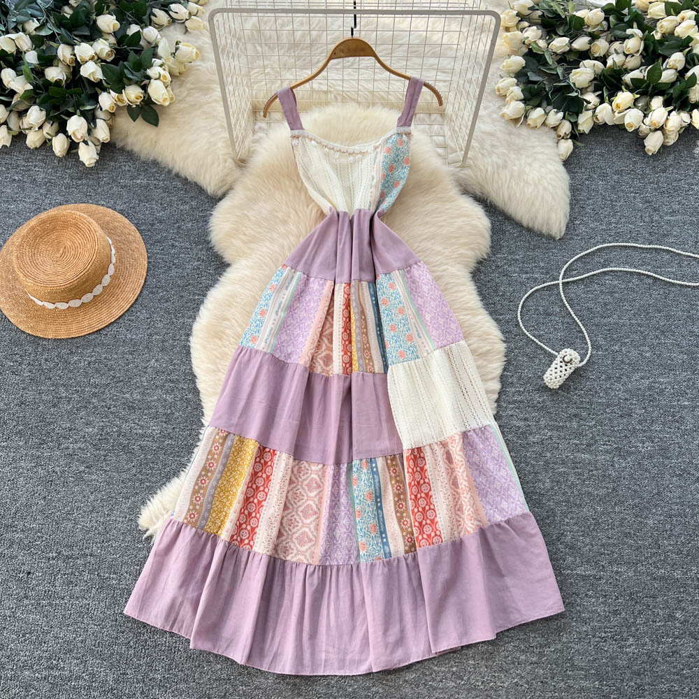 Travel pinched waist dress temperament sling long dress for women