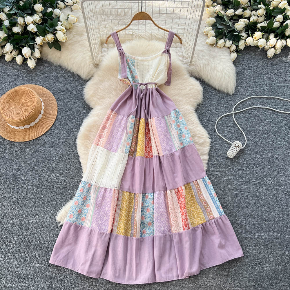Travel pinched waist dress temperament sling long dress for women