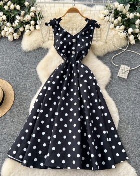 Polka dot dress pinched waist long dress for women