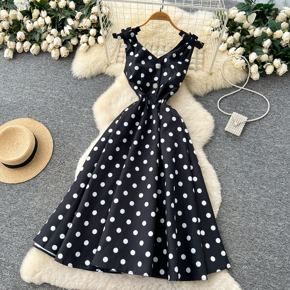 Polka dot dress pinched waist long dress for women