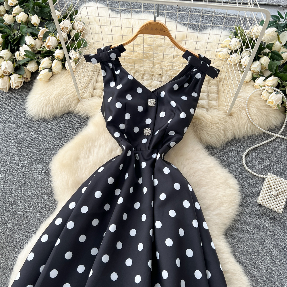 Polka dot dress pinched waist long dress for women