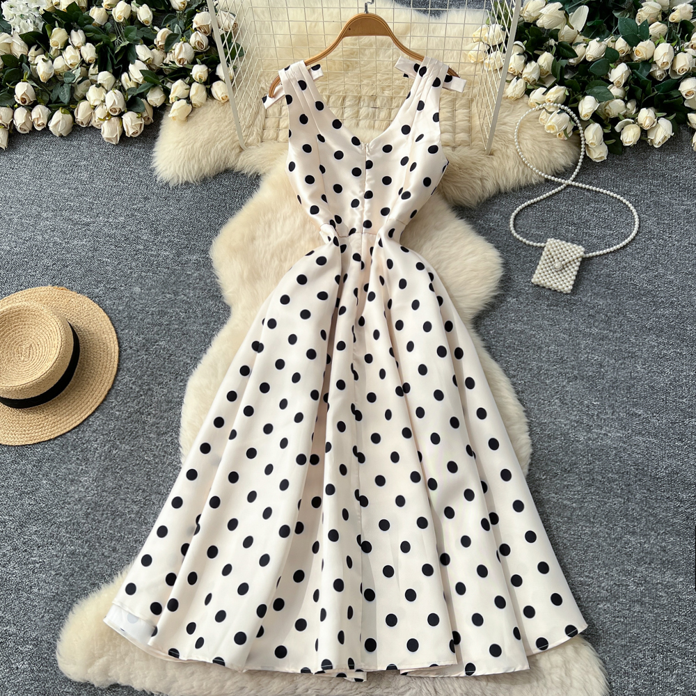 Polka dot dress pinched waist long dress for women