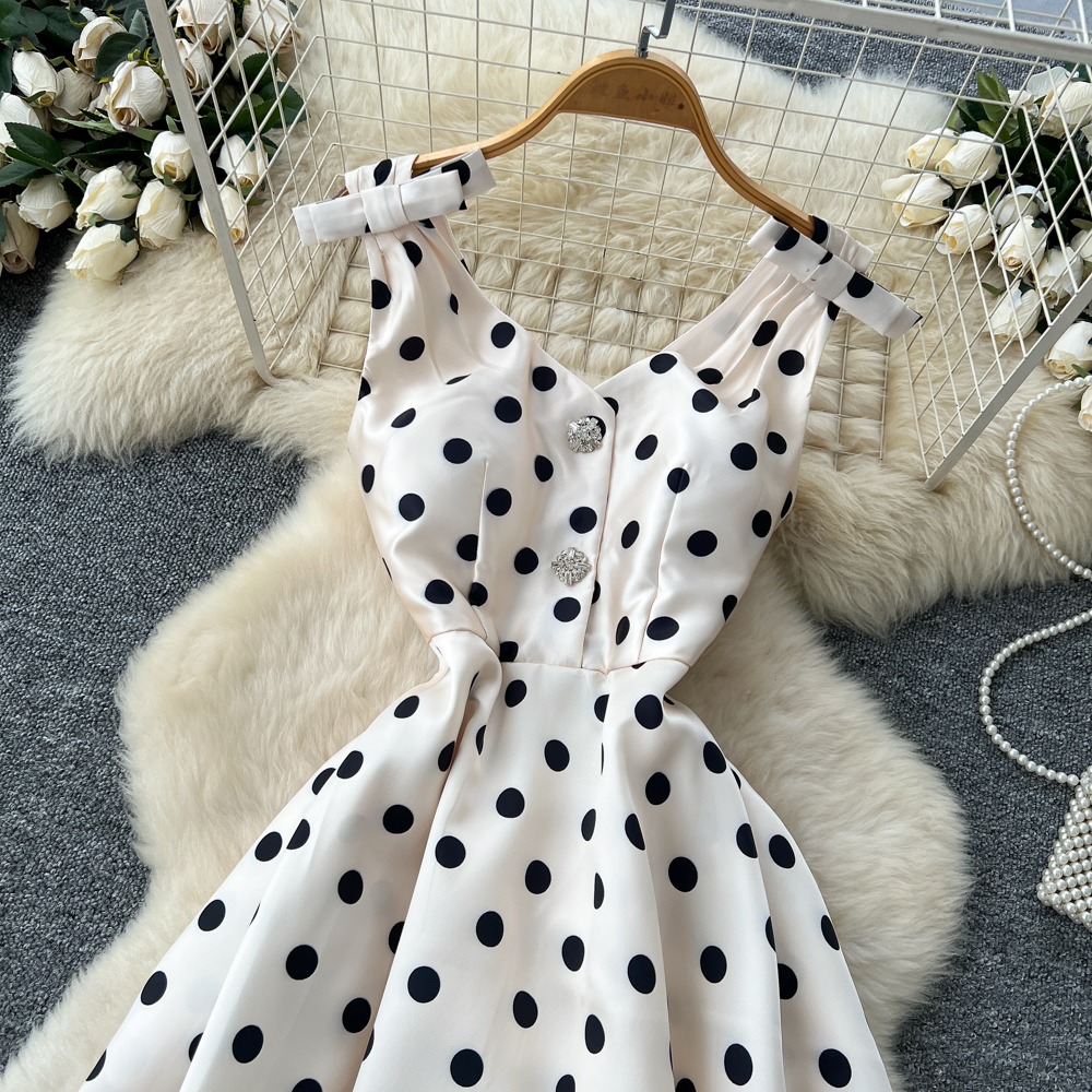 Polka dot dress pinched waist long dress for women