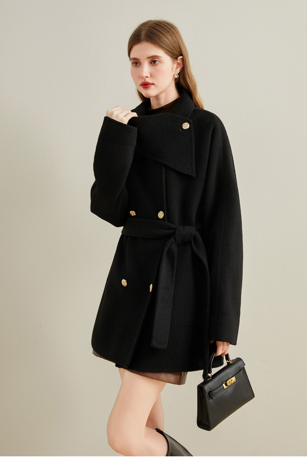 Woolen red woolen coat show young scarf collar coat