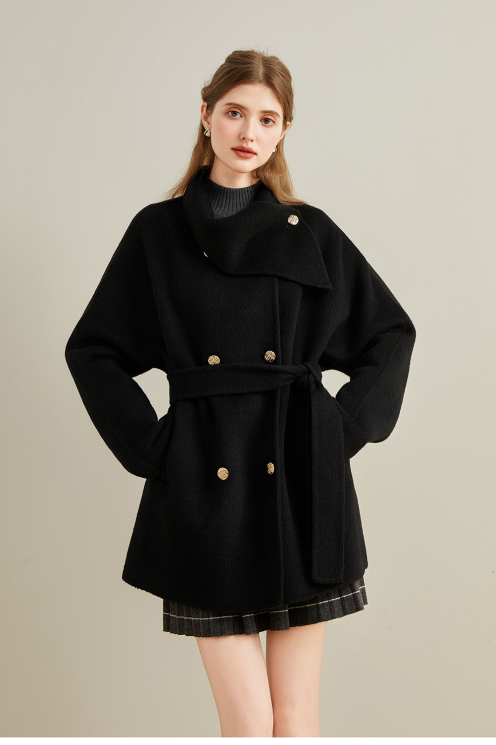 Woolen red woolen coat show young scarf collar coat