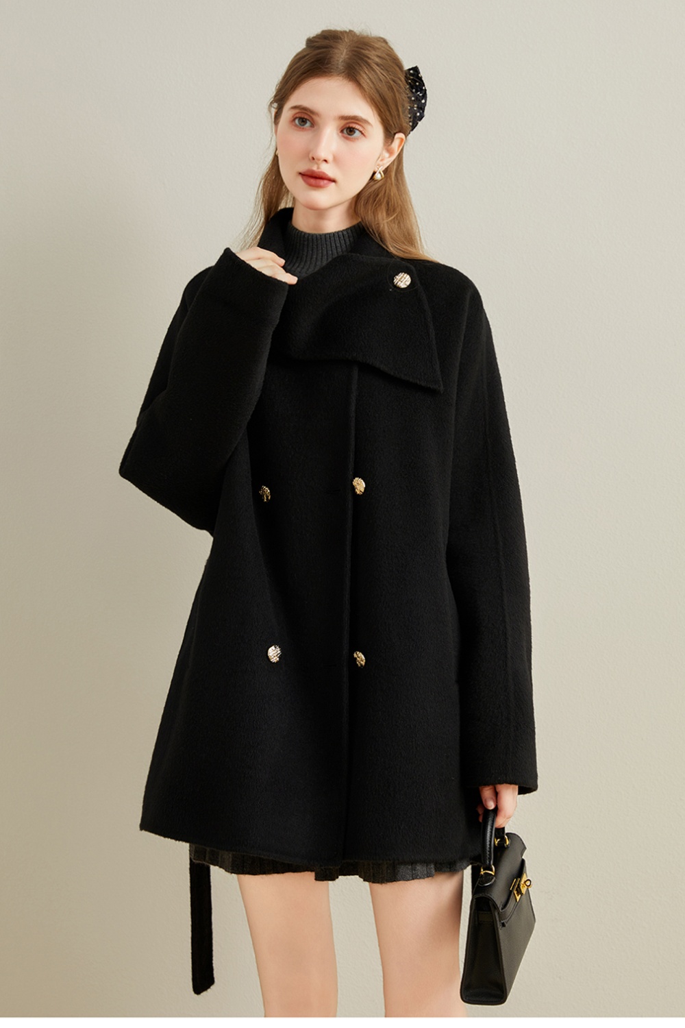 Woolen red woolen coat show young scarf collar coat