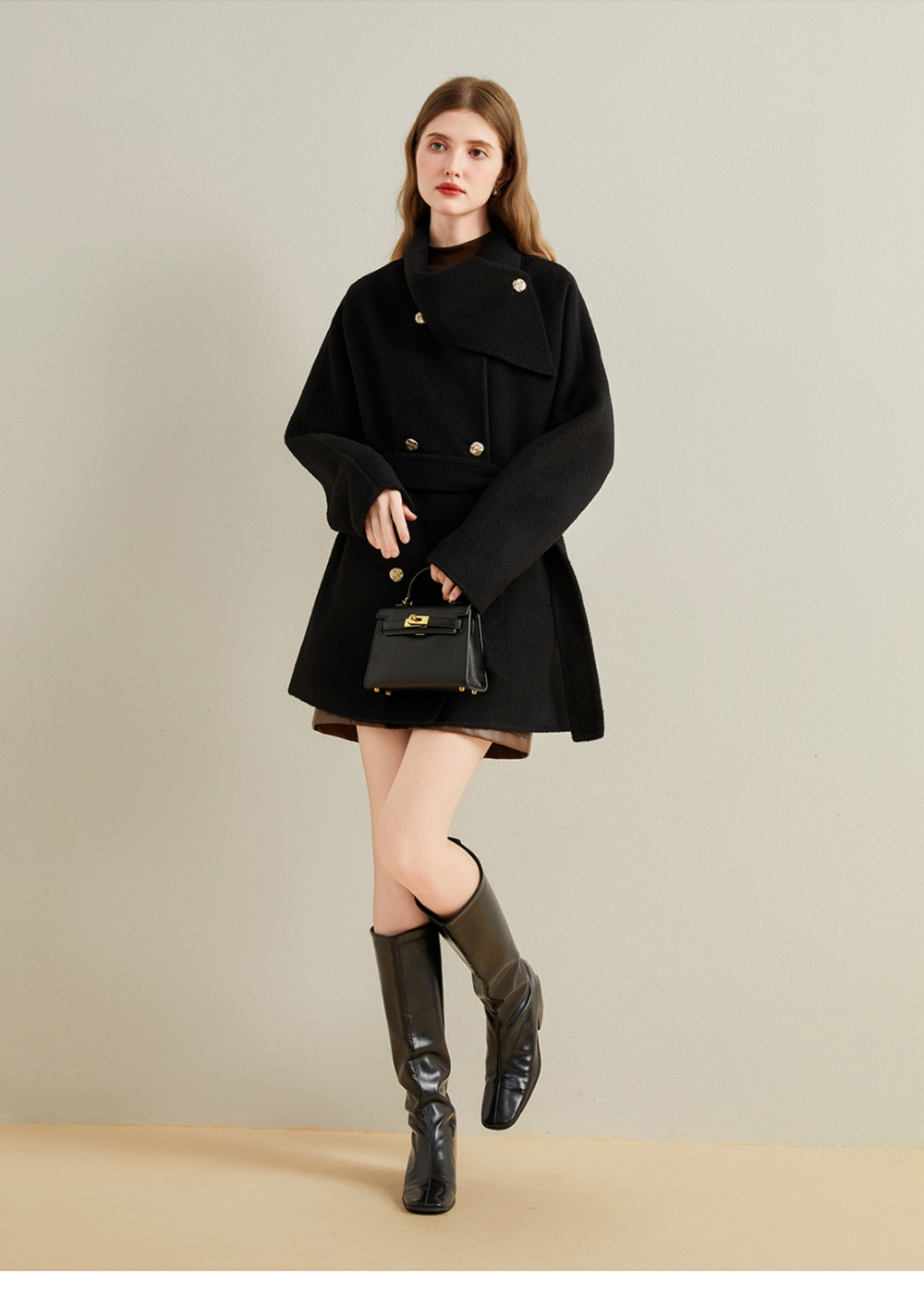 Woolen red woolen coat show young scarf collar coat
