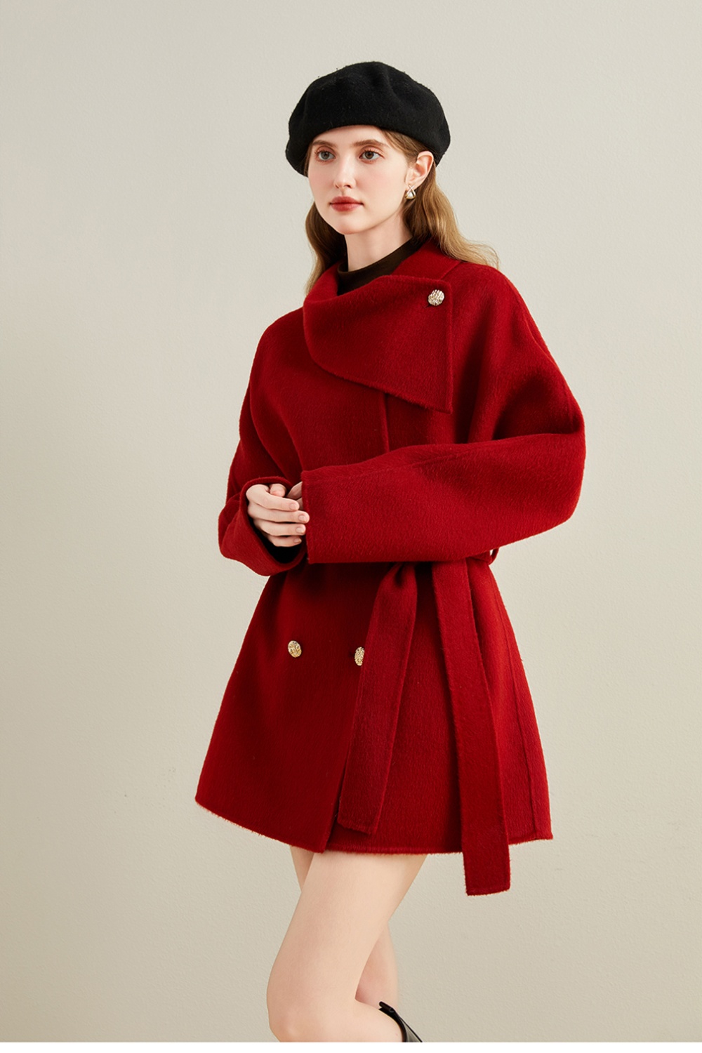 Woolen red woolen coat show young scarf collar coat