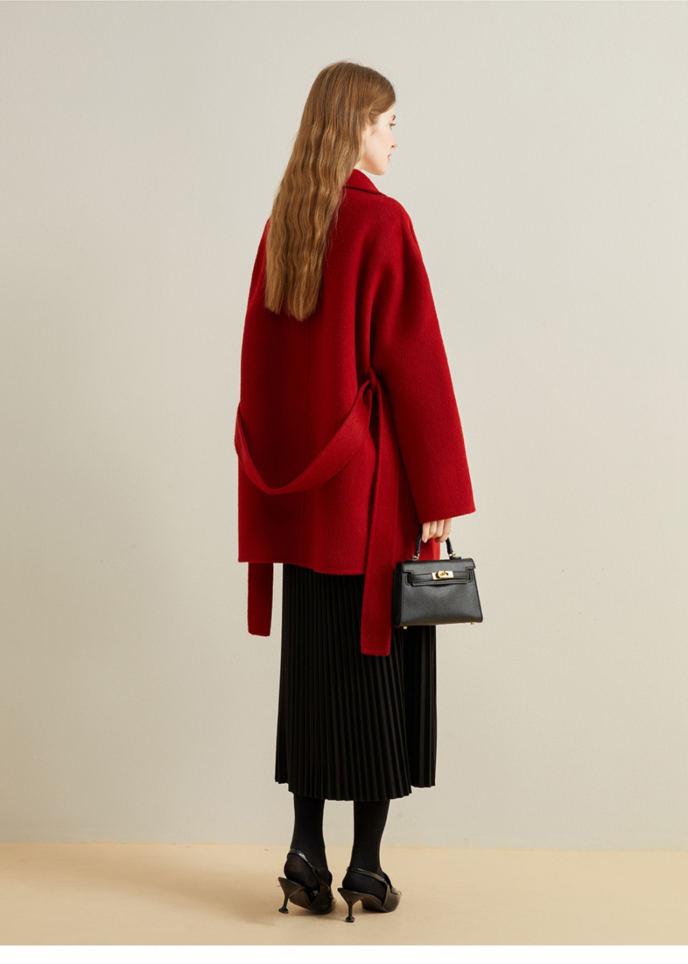 Woolen red woolen coat show young scarf collar coat