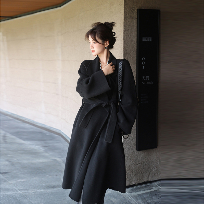 Loose exceed knee overcoat Korean style woolen coat