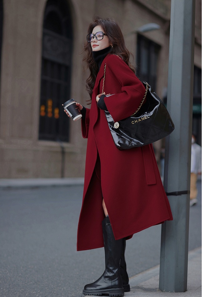 Loose exceed knee overcoat Korean style woolen coat