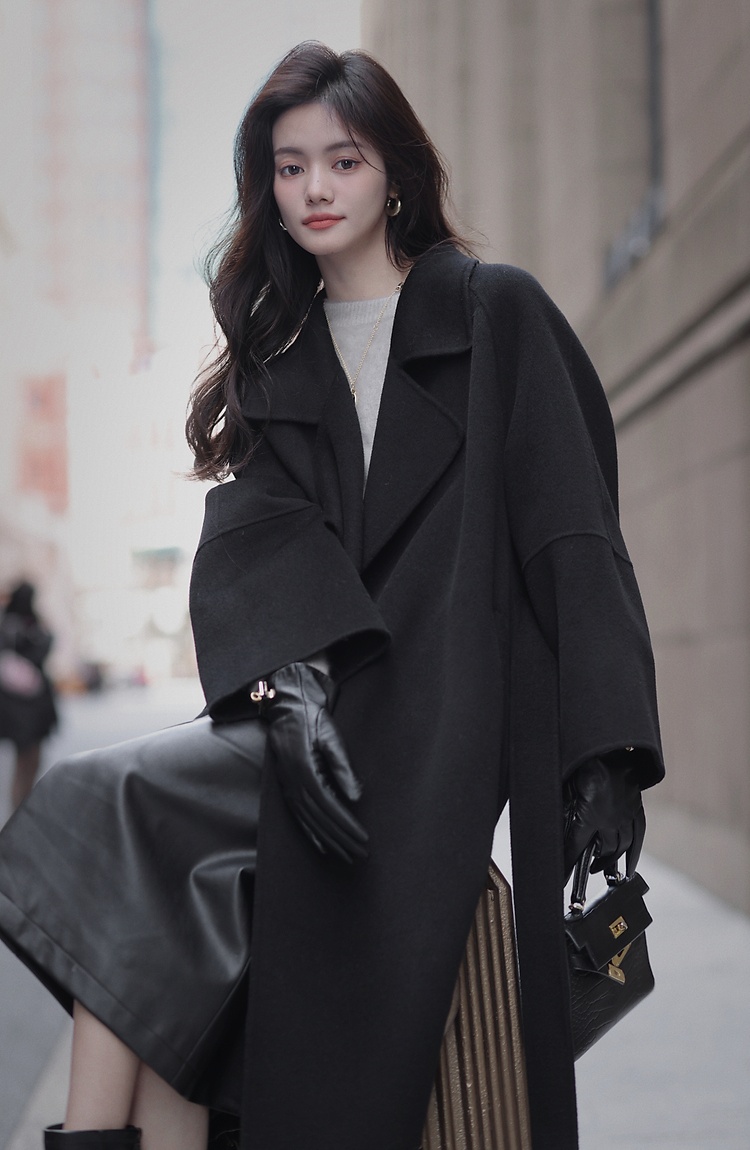 Loose exceed knee overcoat Korean style woolen coat