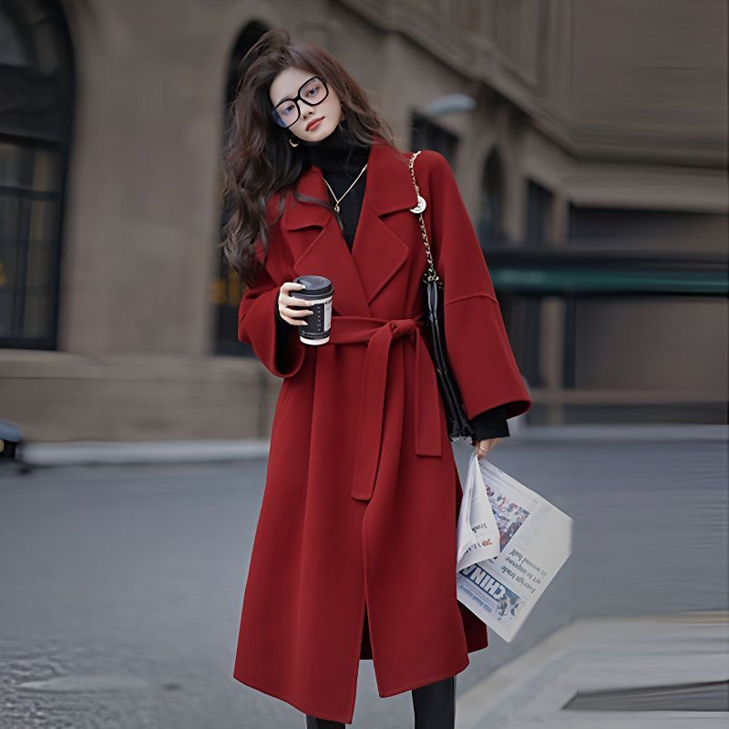 Loose exceed knee overcoat Korean style woolen coat