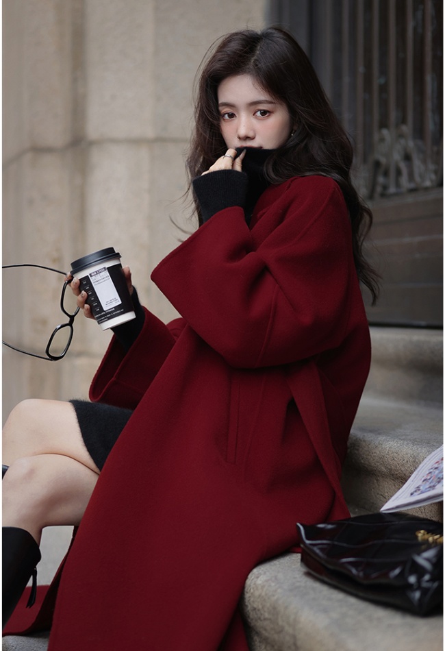 Loose exceed knee overcoat Korean style woolen coat