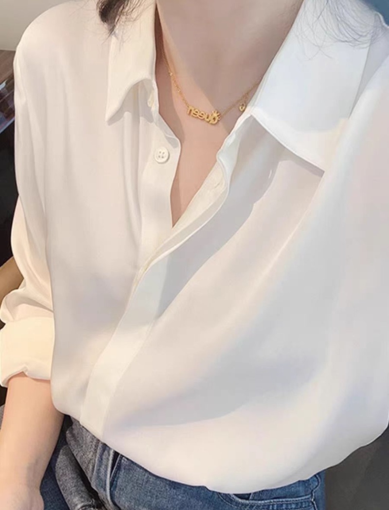 Long sleeve pointed collar tops white shirt for women